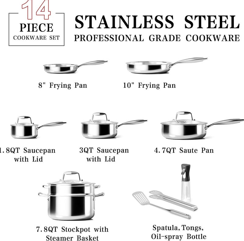 Caannasweis Stainless Steel Cookware Set - Tri-ply Stainless Pots And Pans Set with Steamer Basket, Non Toxic Induction Cookware, Kitchen Cookware Sets PFOA & PTFE Free, Dishwasher and Oven Safe - Image 2